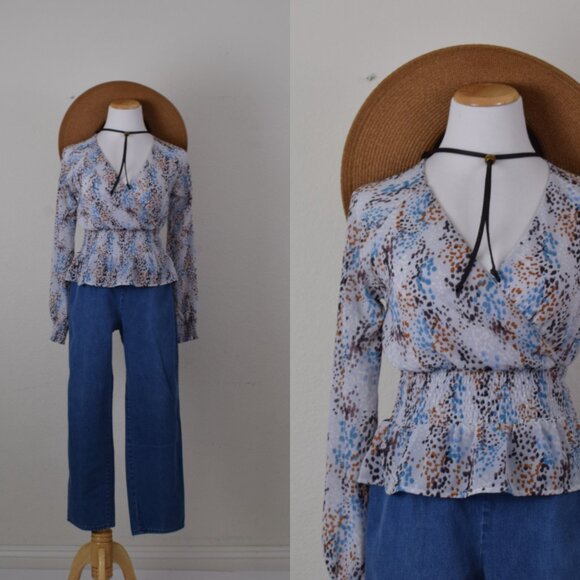 Japna Blue  Ruffled Peplum‎ Blouse Long Sleeves Size XS - Picture 1 of 10